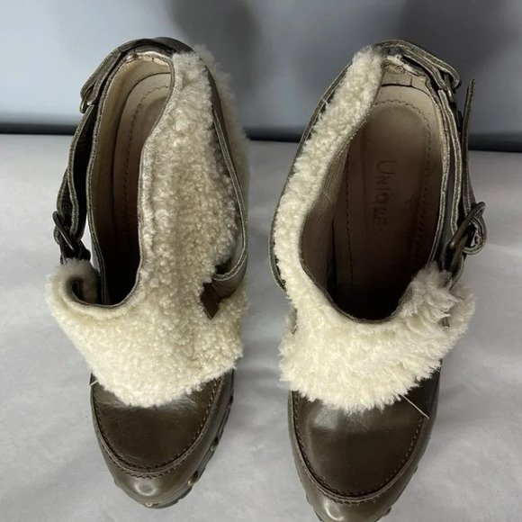 TOPSHOP Unique Sherling Cuff Leather Booties Olive Green Platform Boho Size 8.5 - Picture 7 of 15